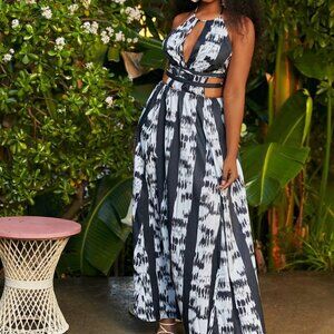 Black Boho Women's Tie-Dye Printed Cut-Out Halterneck Dress